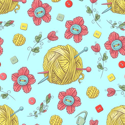 Cute seamless pattern of balls of yarn, buttons, skeins of yarn or knitting and crocheting. vector