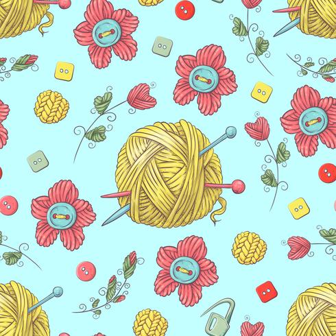 Cute seamless pattern of balls of yarn, buttons, skeins of yarn or knitting and crocheting. vector