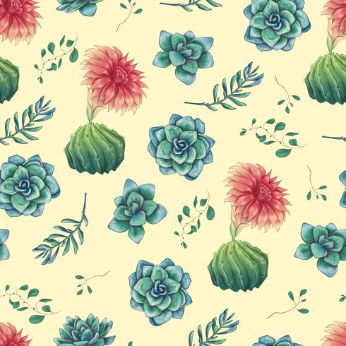 Hand drawn decorative seamless pattern with cacti and succulents vector