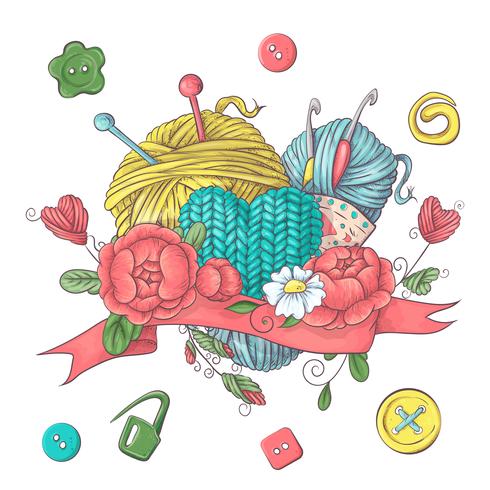 Set for handmade logo template, elements and accessories for crocheting and knitting. vector