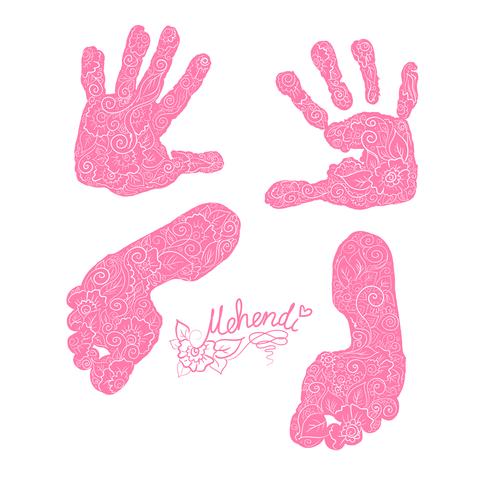 Imprint of children s palms and feet. Mehendi set. vector