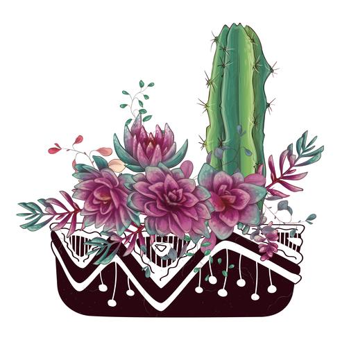 Tarjeta con cactus y conjunto de suculentas. Plantas del desierto. vector