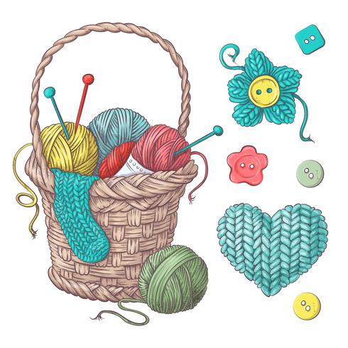 Conjunto para canasta artesanal con bolas de hilo, elementos y accesorios para crochet y tejido. vector