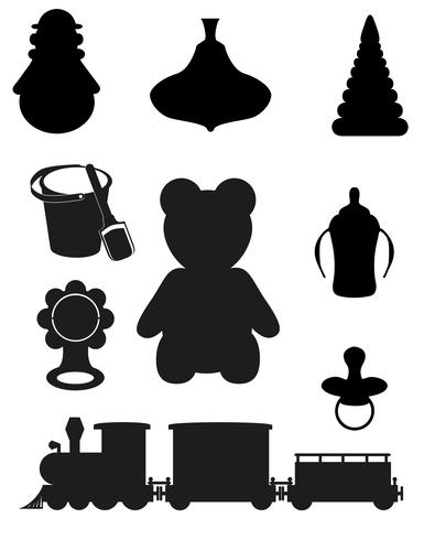 Icono de juguetes y accesorios para bebés y niños silueta negra. vector