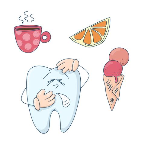 Art on the topic of children's dentistry. Cute cartoon tooth sensitive to hot, cold and sweet. vector