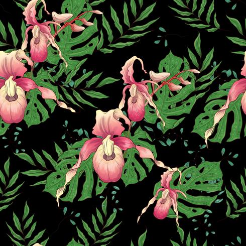 Vector hand drawn seamless pattern with stylized orchid branch for your design on the black background