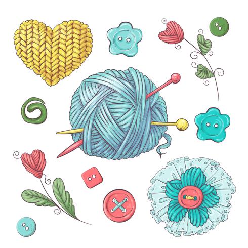 Set for handmade ball of yarn and accessories for crocheting and knitting. vector