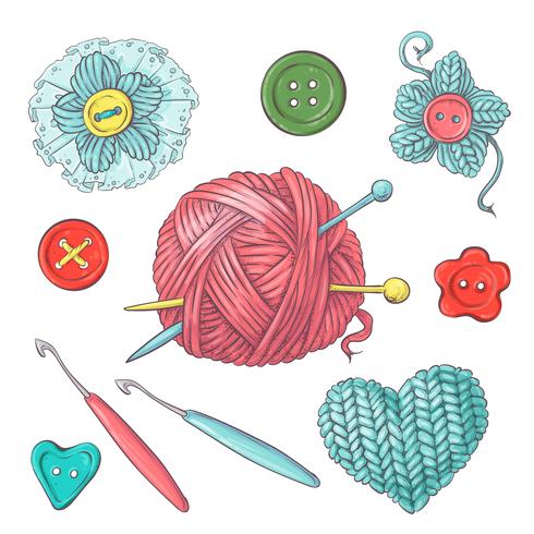 Set for handmade ball of yarn and accessories for crocheting and knitting. vector