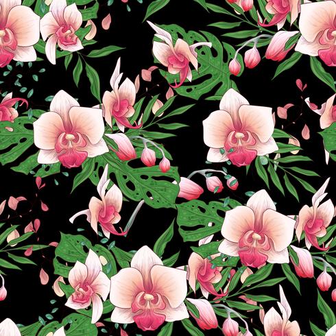 Seamless pattern with stylized orchid branch vector