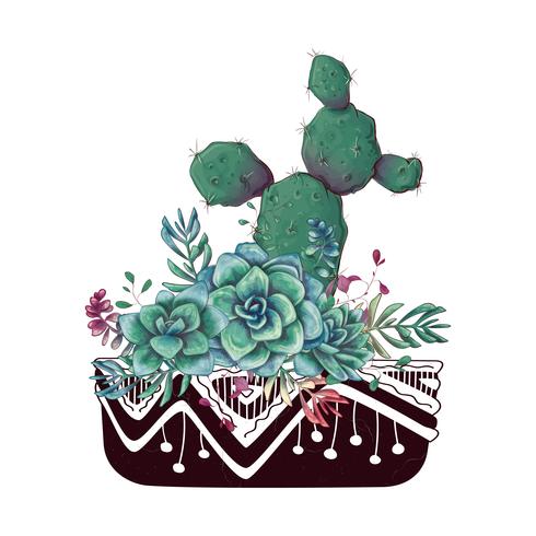 Tarjeta con cactus y conjunto de suculentas. Plantas del desierto. vector