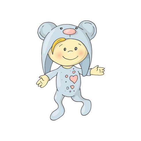 El muchacho encantador lindo de la historieta en un pijama viste un oso. vector