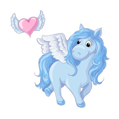 Cute cartoon blue pegasus. Vector illustration