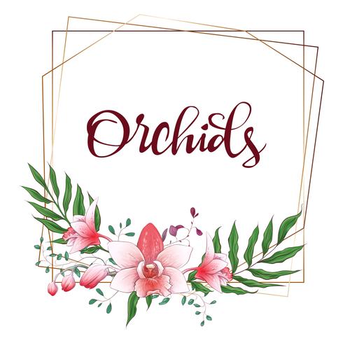 Floral design geometric frame. Orchid, eucalyptus, greenery. Wedding card. vector