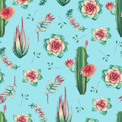 Hand drawn decorative seamless pattern with cacti and succulents vector