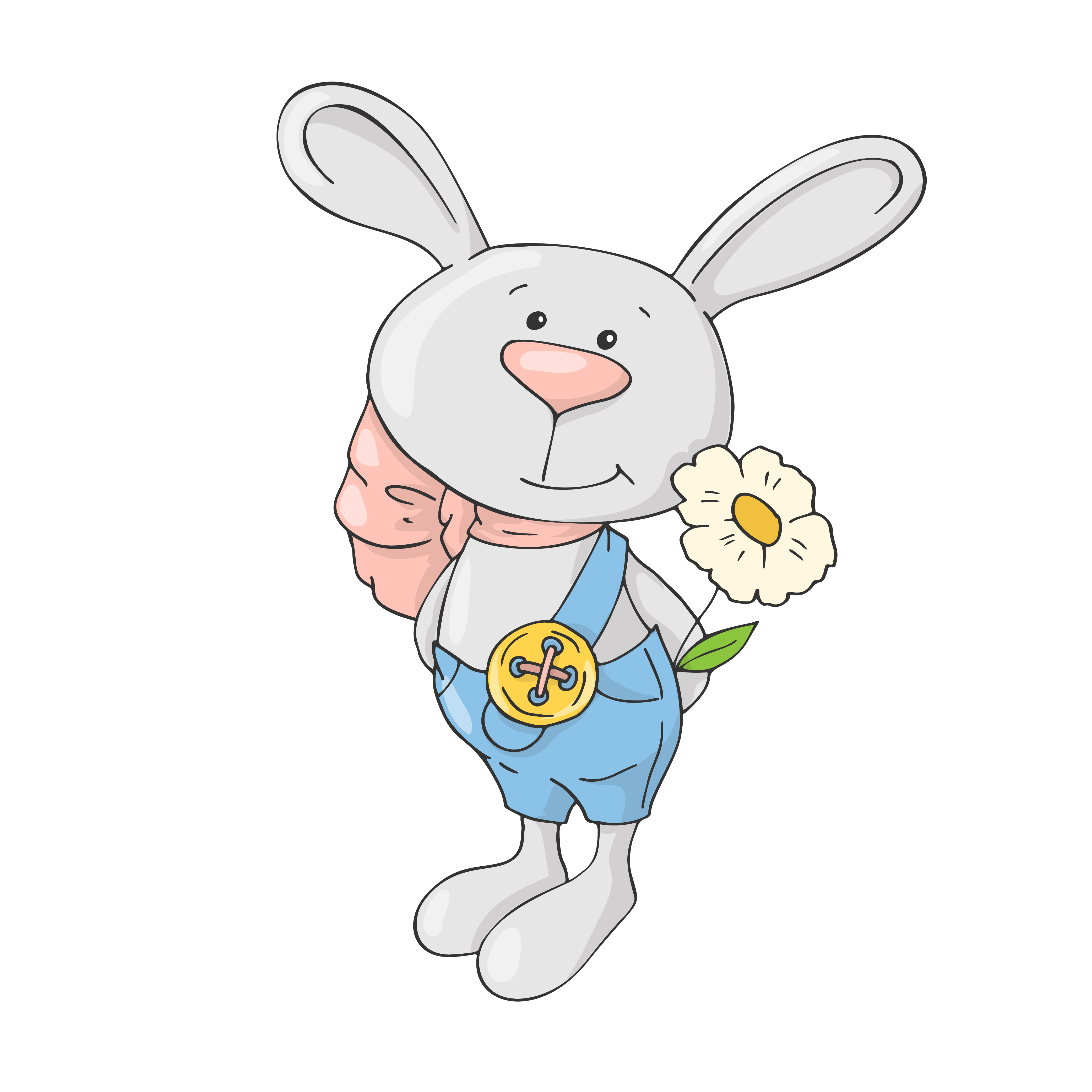 Cartoon cute rabbit rabbit in jeans shorts with a pink bow and flower