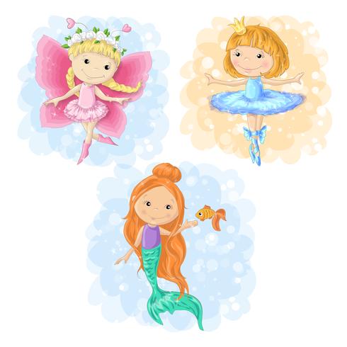 Chica encantadora de dibujos animados en diferentes trajes de mariposa, bailarina y una sirena. Vector