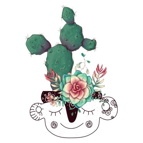 Card with cactuses and succulents set. Plants of desert. vector