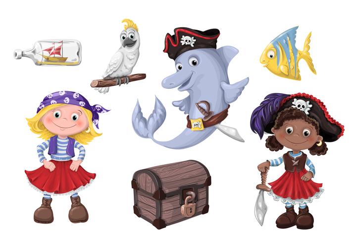 Cute cartoon girl pirate vector illustration. Kids pirates.