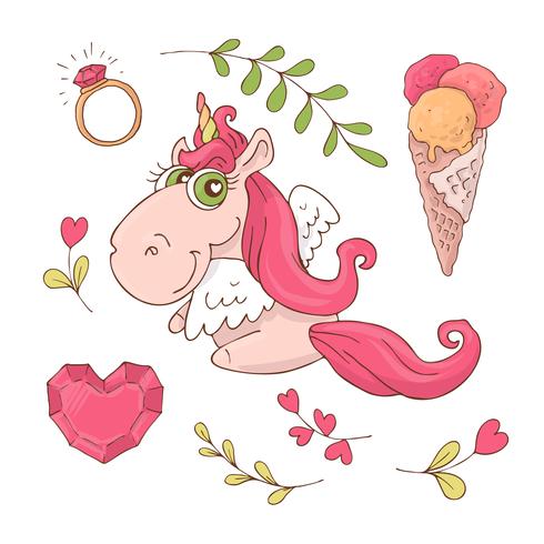 Set of cute cartoon unicorn for Valentine s Day with accessories. vector