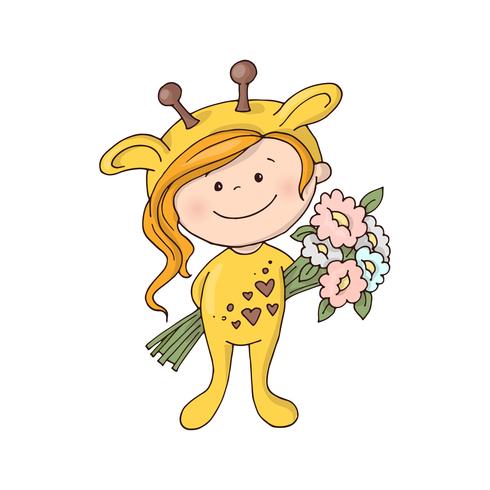 Lovely girl in a giraffe costume with a bouquet of flowers. vector