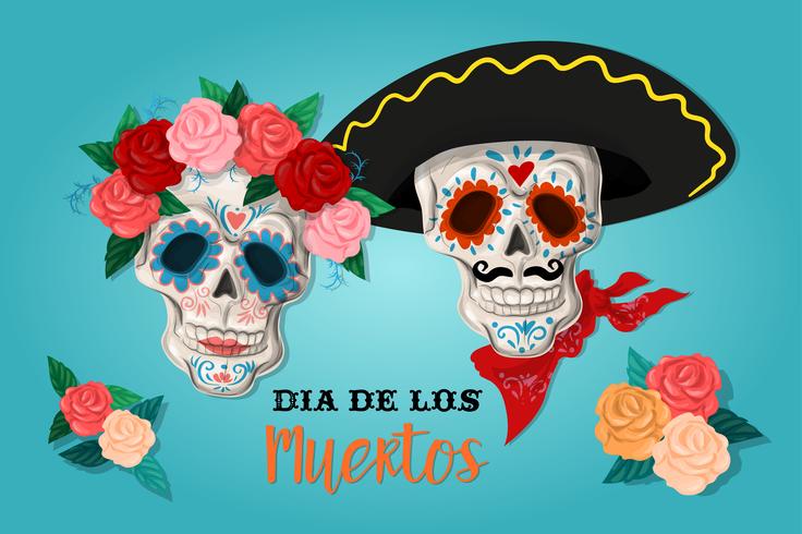 Invitación al cartel del día de la fiesta del difunto. Tarjeta de dea de los muertos con esqueleto y rosas. vector