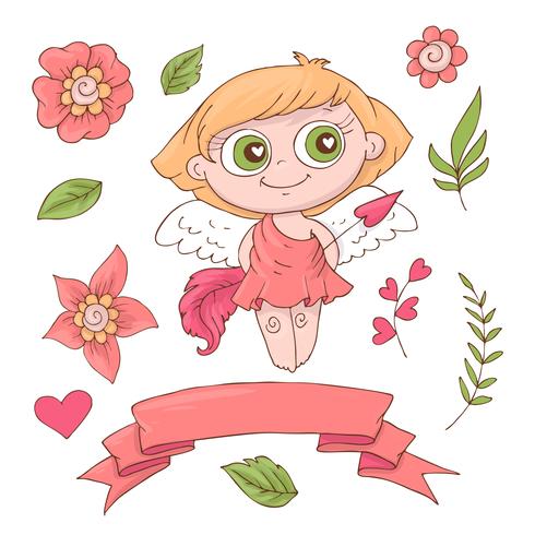 Conjunto de dibujos animados lindos ángeles para el día de San Valentín con accesorios vector