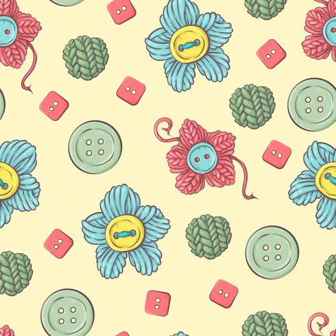 Cute seamless pattern of balls of yarn, buttons, skeins of yarn or knitting and crocheting. vector