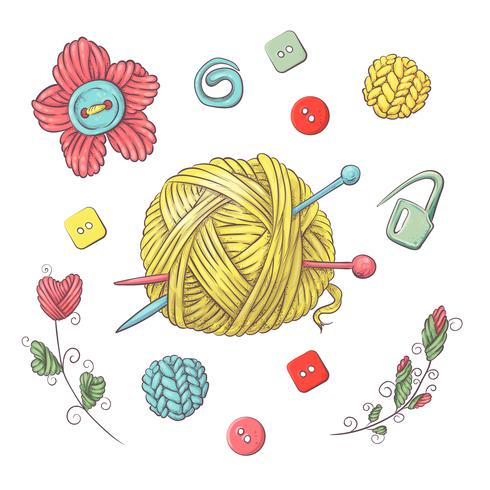 Set for handmade ball of yarn and accessories for crocheting and knitting. vector