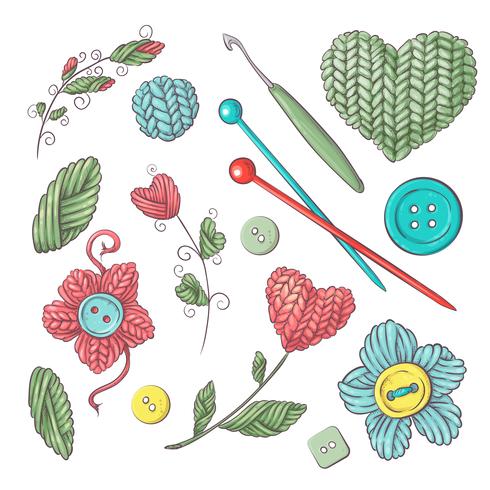 Conjunto para flores y elementos de punto hechos a mano y accesorios para crochet y tejido. vector