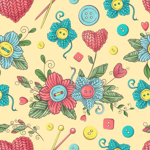 Cute seamless pattern of balls of yarn, buttons, skeins of yarn or knitting and crocheting. vector