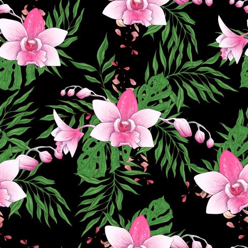 Vector hand drawn seamless pattern with stylized orchid branch for your design on the black background