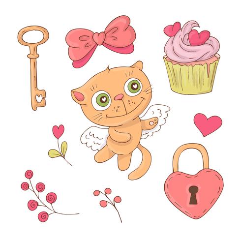 Conjunto de dibujos animados lindo gato para el día de San Valentín s con accesorios. vector