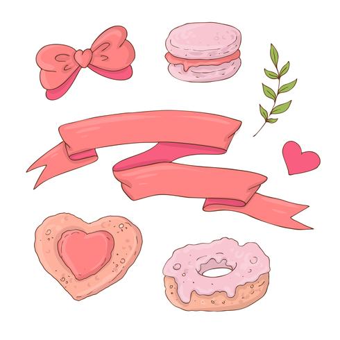 Conjunto de artículos de dibujos animados lindo para el día de San Valentín con accesorios. vector