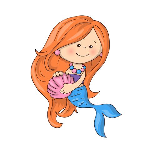 Sirenita linda con peces y conchas marinas. vector