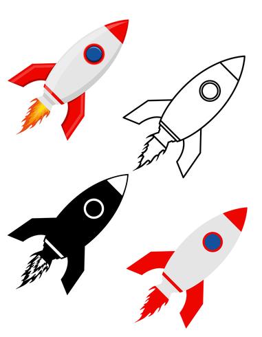 Nave espacial retro cohete espacial set iconos planos vector illustration