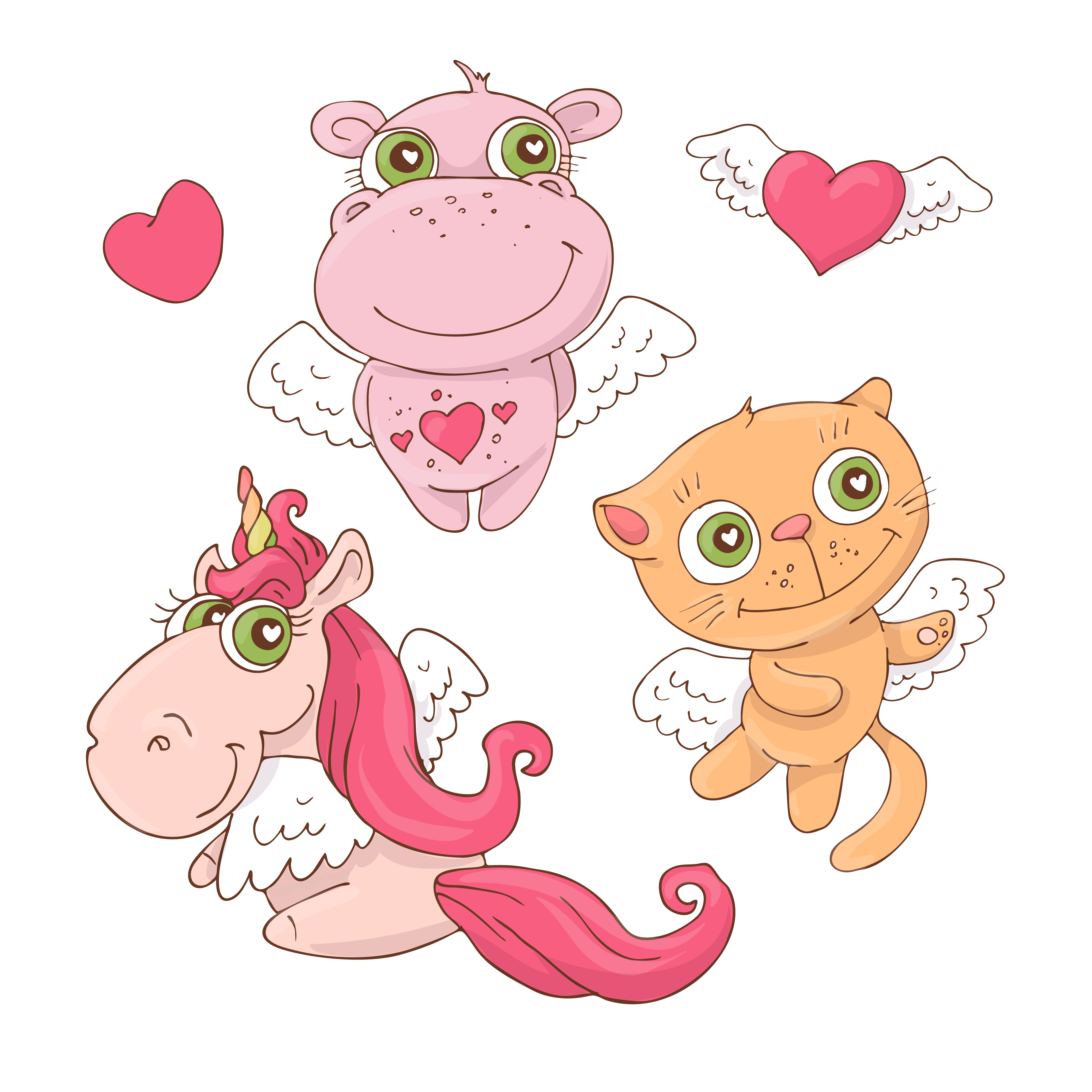 Download Set of cute cartoon animals angels for Valentine s Day ...