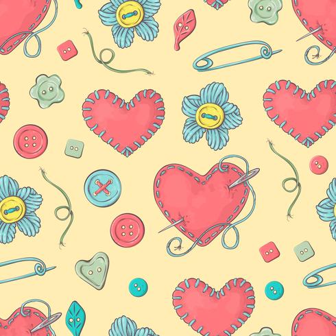 Stitched needle bed in the shape of a heart and sewing accessories. vector