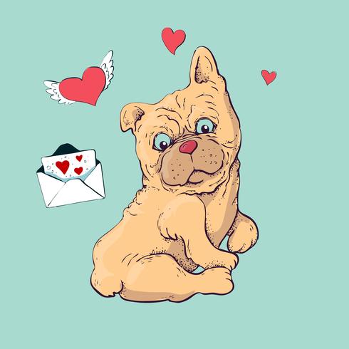 Happy cartoon puppy sitting, Portrait of cute little dog wearing collar. vector