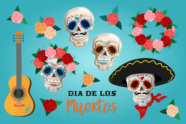 Invitación fijada al día de la fiesta del difunto. Tarjeta de dea de los muertos con esqueleto y rosas. vector