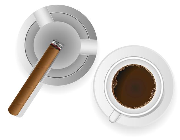 cigarro ardiente en una ilustración de vector de cenicero y café