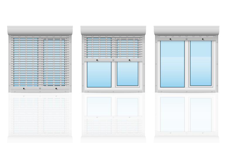 plastic window behind metal perforated rolling shutters vector illustration