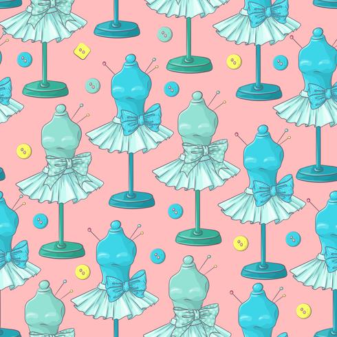 Seamless pattern of mannequin sewing accessories. Hand drawing. Vector illustration