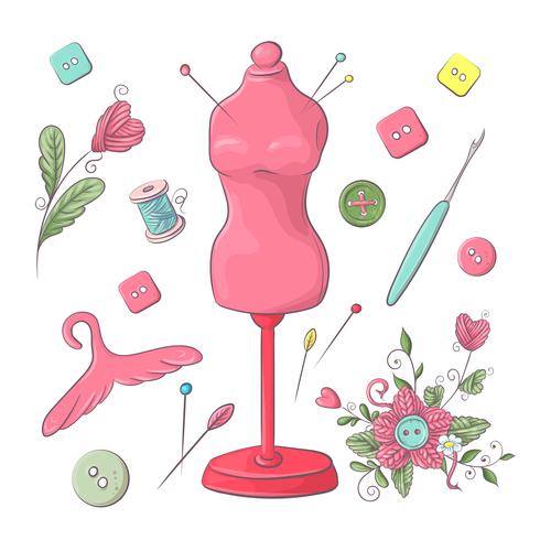 Set of mannequin sewing accessories. Hand drawing. Vector illustration