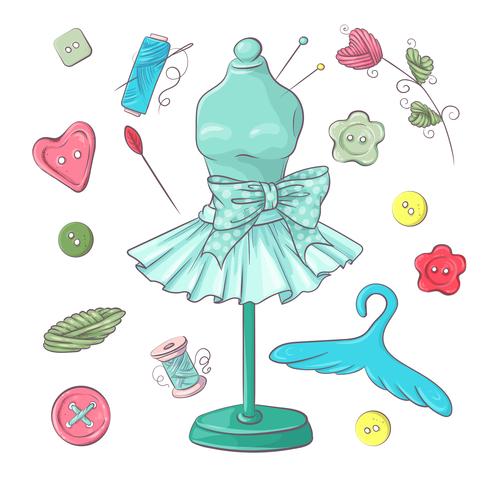 Set of mannequin sewing accessories. Hand drawing. Vector illustration