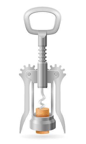 Sacacorchos de metal para abrir un corcho en una ilustración de vector de botella de vino