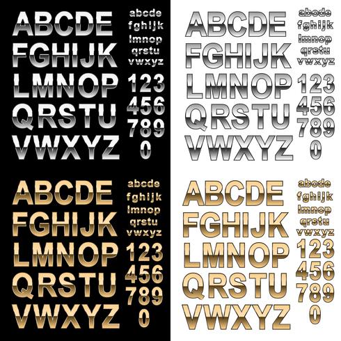 Fuente de alfabeto de cromo y oro efecto con letras y números, vector