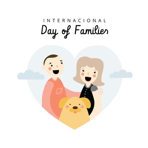 Pareja blanca con perro amarillo y corazón para el día internacional de las familias vector