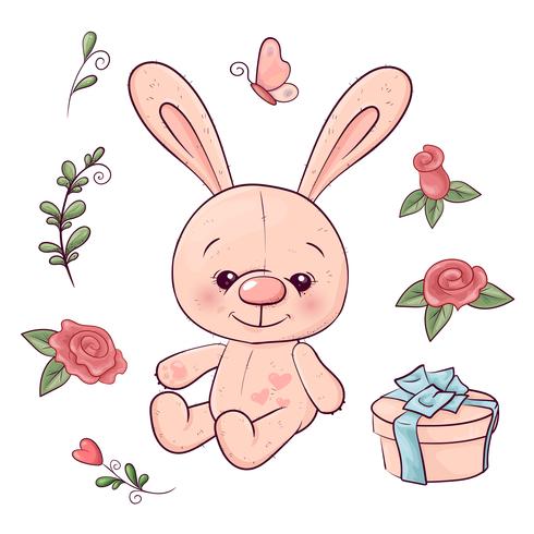 Set of hare and flowers. Hand drawing. Vector illustration