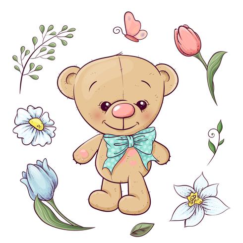 Set of teddy bear and flowers. Hand drawing. Vector illustration