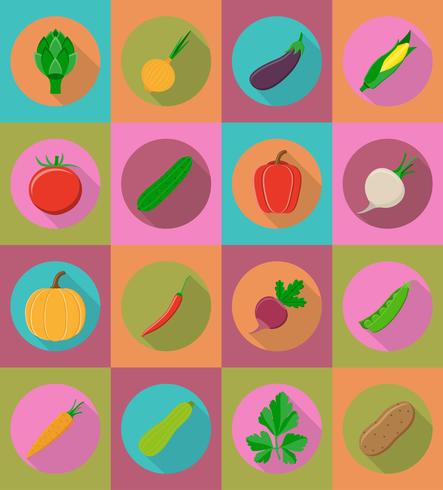 Iconos planos de verduras con la ilustración de vector de sombra